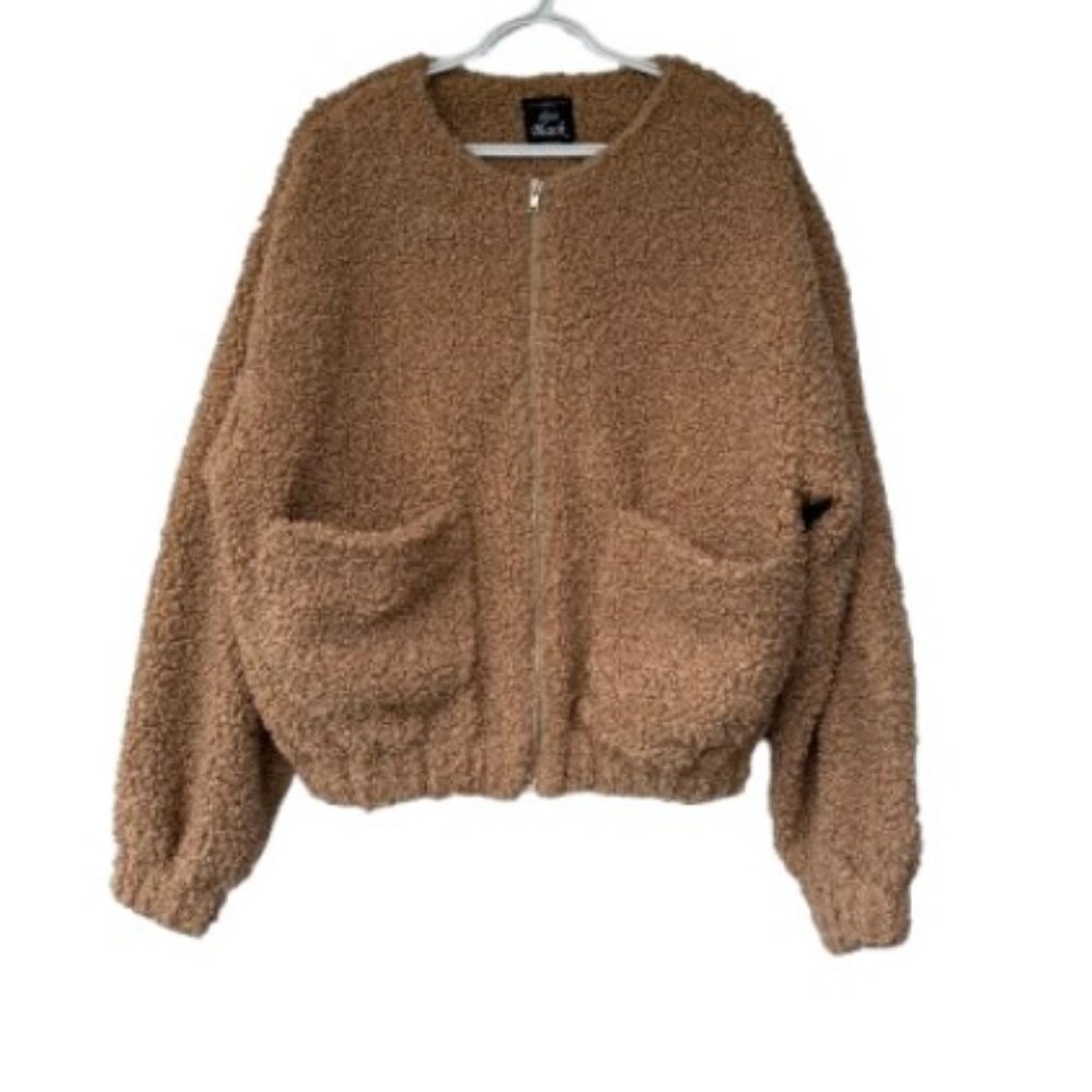 Chuu Black zip up teddy jacket tan women's